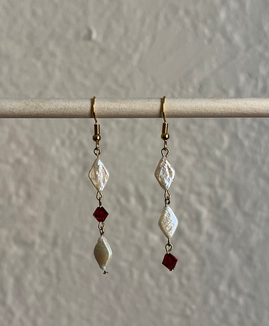 freshwater pearl + red glass earrings